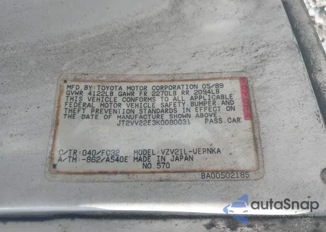 1989 Toyota Camry Le z USA, uszkodzony, nr VIN JT2VV22E3K0080031